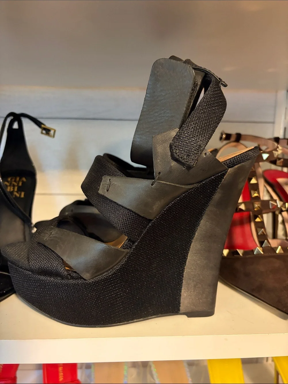 L.A.M.B. Black Leather Ankle-Strap Platform Wedges